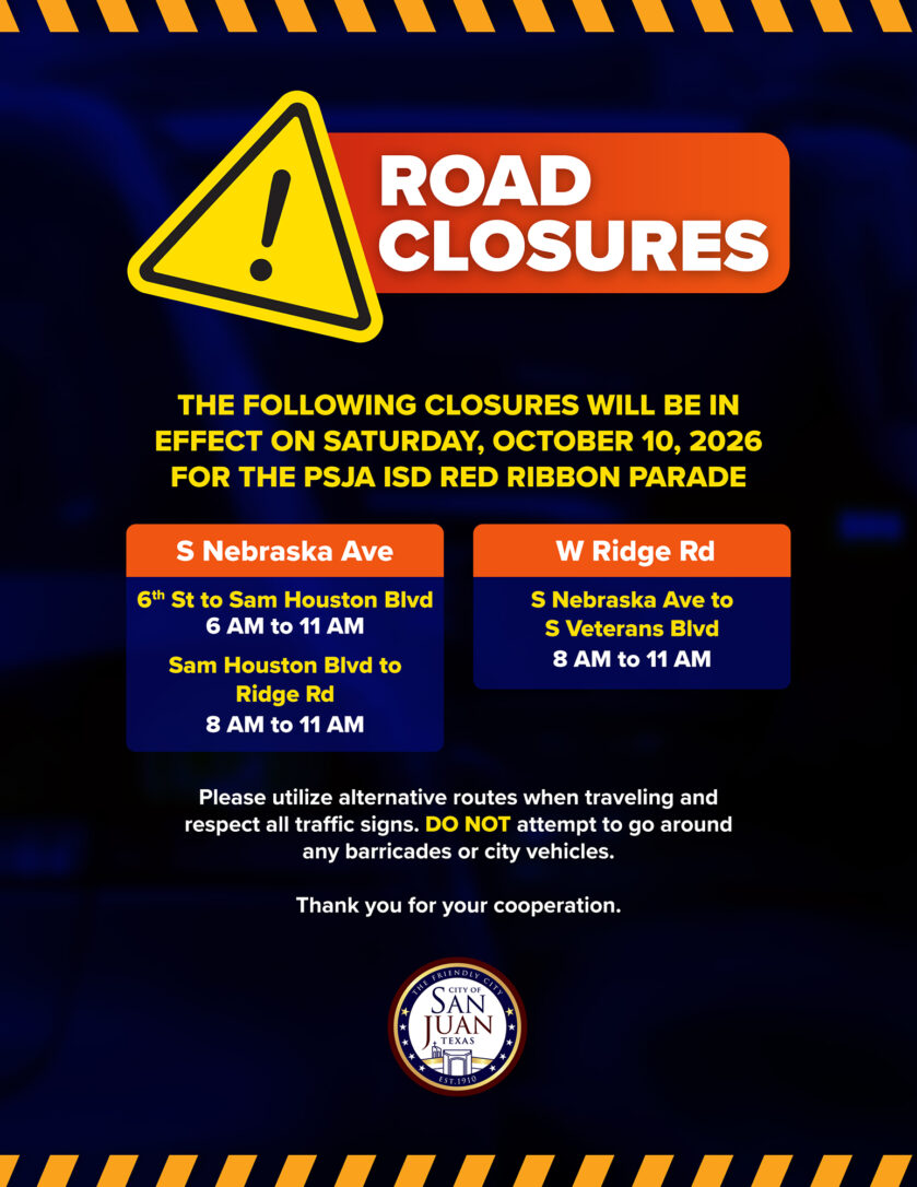 Road closure notice graphic for the PSJA ISD Red Ribbon Parade on October 10, 2026.
