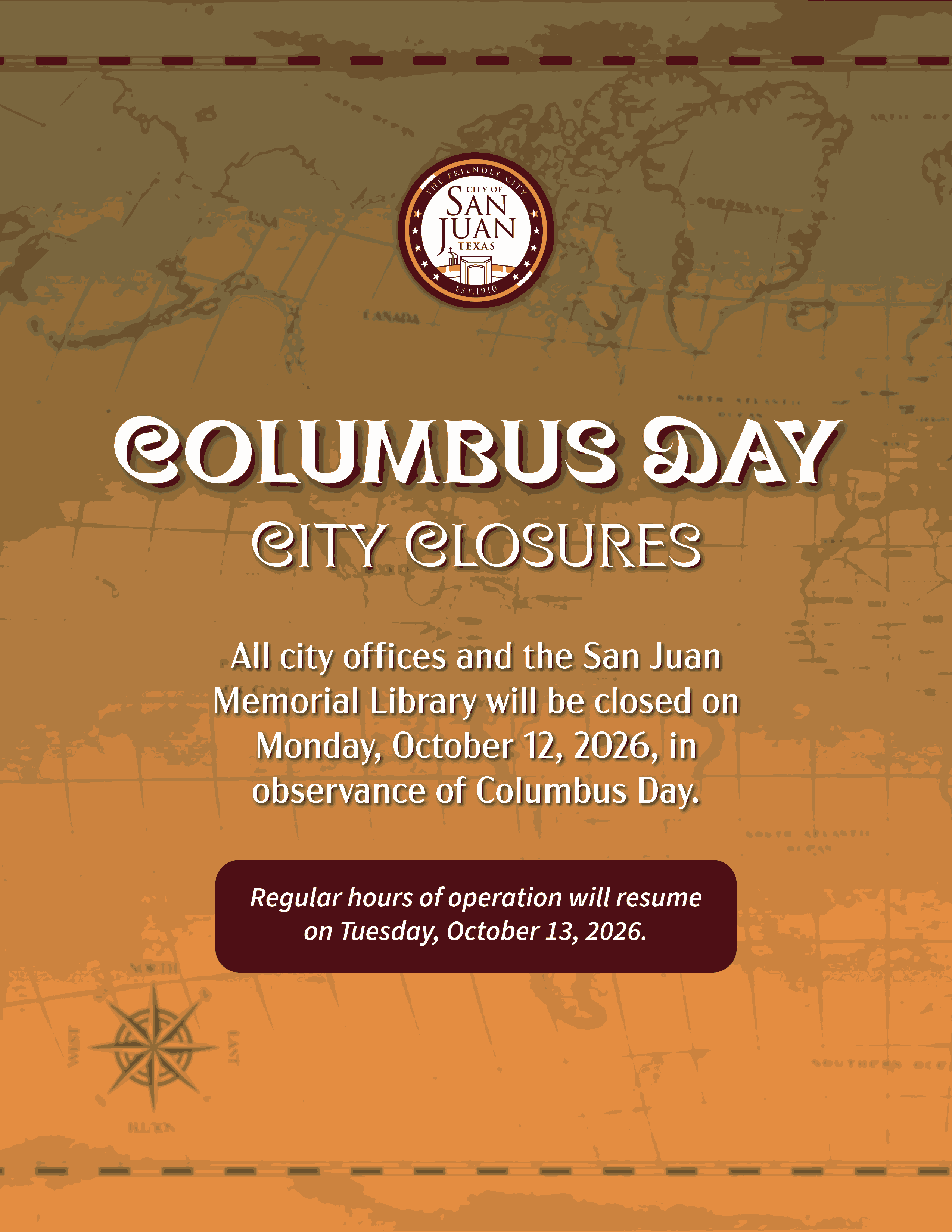 Columbus Day city closure announcement showing the City of San Juan logo and closure information for October 12, 2026.