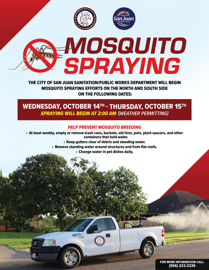 City of San Juan notice for mosquito spraying taking place on October 14th and 15th, 2026, beginning at 2:00 AM.