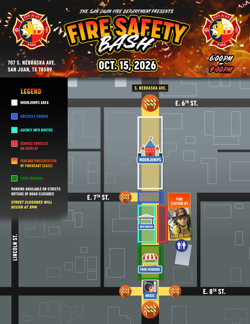 Event map for the San Juan Fire Department Fire Safety Bash on October 15, 2026, detailing attractions and street closures.