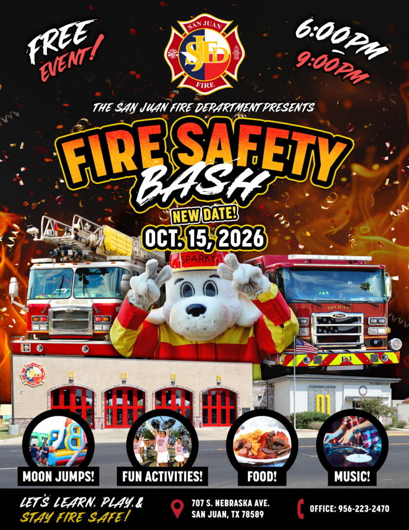 Fire Safety Bash flyer featuring Sparky, San Juan Fire Department trucks, and event details for October 15, 2026