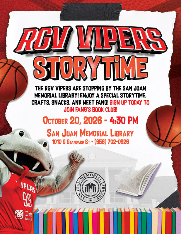 Flyer for the RGV Vipers Storytime event at San Juan Memorial Library on October 20, 2026, featuring mascot Fang.