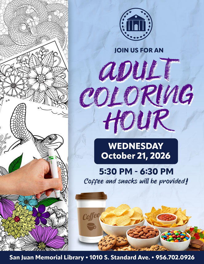 Flyer for the Adult Coloring Hour event at San Juan Memorial Library on October 21, 2026, featuring coloring pages and snacks.