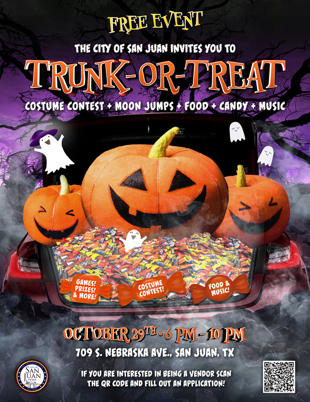 Flyer for the free City of San Juan Trunk-or-Treat event on October 29th from 6 PM to 10 PM at 709 S. Nebraska Ave.