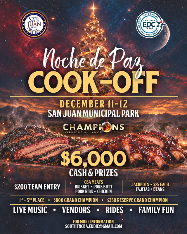 Flyer for the Noche de Paz Cook-Off on December 11-12 at San Juan Municipal Park featuring $6,000 in cash and prizes.