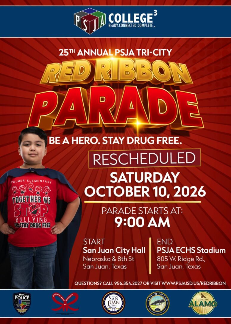 PSJA Tri-City Red Ribbon Parade Flyer. Rescheduled Version.