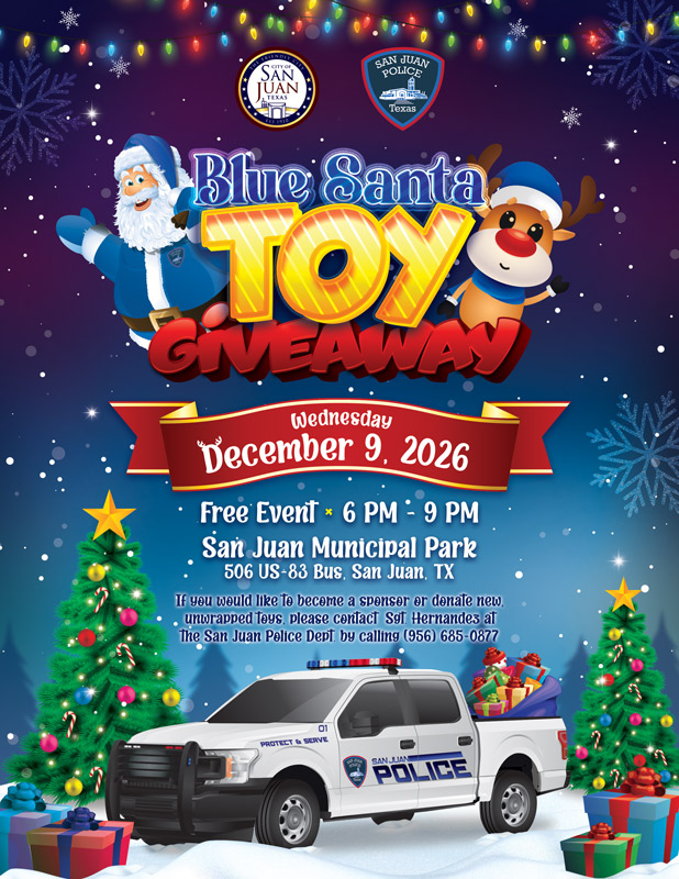 Flyer for the City of San Juan Blue Santa Toy Giveaway on December 9, 2026.