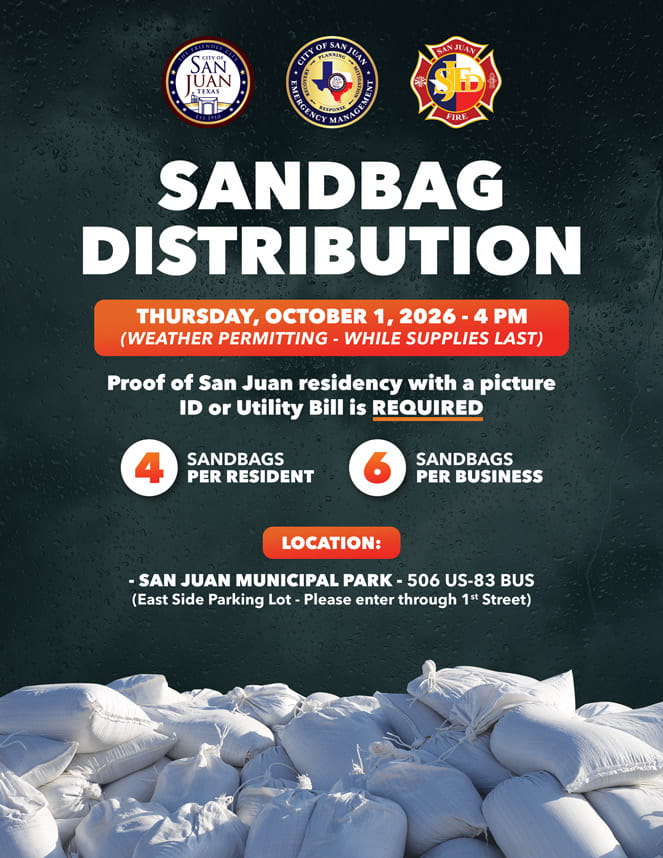 Sandbag distribution announcement for Thursday, October 1, 2026, at 4 PM at San Juan Municipal Park, with four sandbags per resident and six per business.